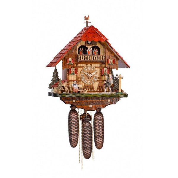  Cuckoo Clock - Chalet 8-day musical cuckoo clock with clock peddler, Black Forest woman, dog, chicken, and dancers 40cm by Hekas - Cuckoo Collections