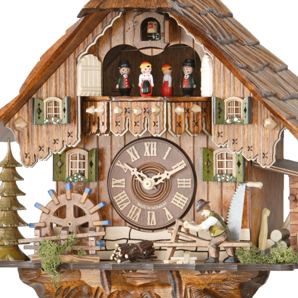  Cuckoo Clock - Chalet 8-day musical cuckoo clock with lumberjack, mill-wheel, and glockenspiel dancers 44cm by Hekas - Cuckoo Collections