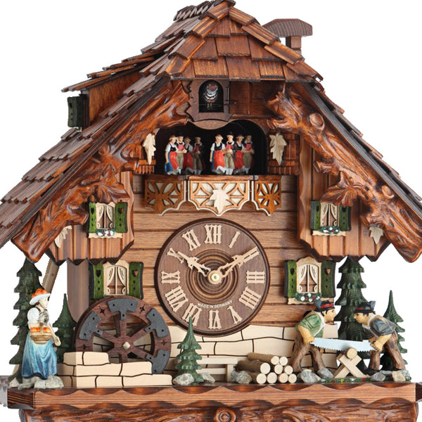  Cuckoo Clock - Chalet 8-day musical cuckoo clock with lumberjacks, Black Forest woman, mill-wheel, and dancers 38cm by Hekas - Cuckoo Collections