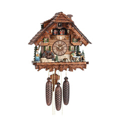  Cuckoo Clock - Chalet 8-day musical cuckoo clock with lumberjacks, Black Forest woman, mill-wheel, and dancers 38cm by Hekas - Cuckoo Collections