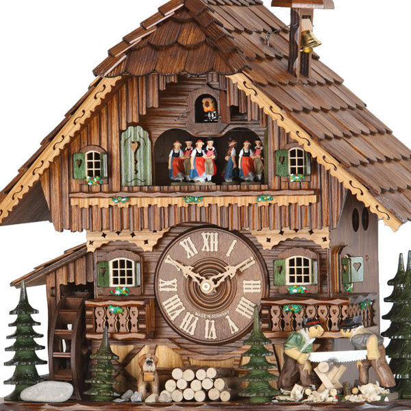  Cuckoo Clock - Chalet 8-day musical cuckoo clock with lumberjacks, dog, mill-wheel, and dancers 46cm by Hekas - Cuckoo Collections