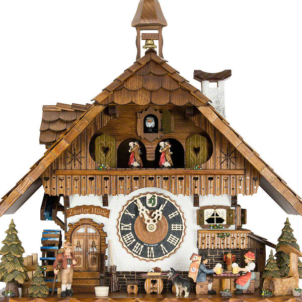  Cuckoo Clock - Chalet 8-day musical cuckoo clock with moving beer drinker, clock peddler, Black Forest woman, mill-wheel and belfry bell tower, and dancers 51cm by Hönes - Cuckoo Collections
