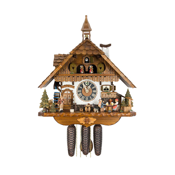  Cuckoo Clock - Chalet 8-day musical cuckoo clock with moving beer drinker, clock peddler, Black Forest woman, mill-wheel and belfry bell tower, and dancers 51cm by Hönes - Cuckoo Collections