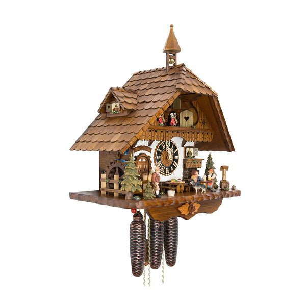  Cuckoo Clock - Chalet 8-day musical cuckoo clock with moving beer drinker, clock peddler, Black Forest woman, mill-wheel and belfry bell tower, and dancers 51cm by Hönes - Cuckoo Collections