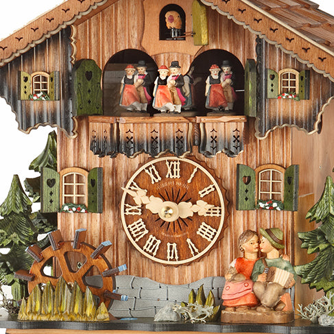  Cuckoo Clock - Chalet 8-day musical cuckoo clock with moving kissing-lovers, dancers and mill-wheel 32cm by Hubert Herr - Cuckoo Collections