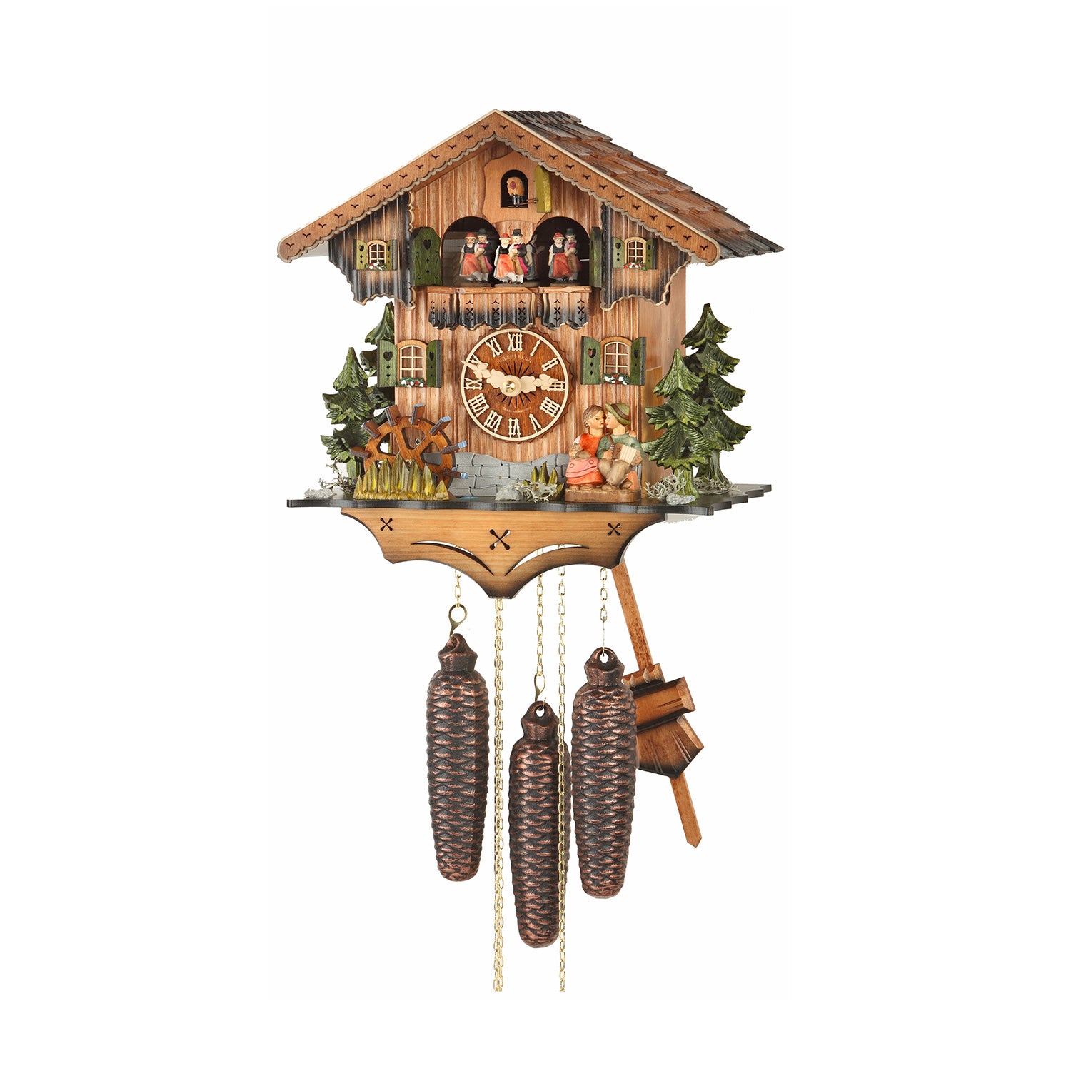 Hönes Chalet 1 Day Cuckoo Clock with Kissing Couple, Cat & Water Wheel Hönes Chalet 1 Day Cuckoo Clock with Kissing Couple, Cat & Water Wheel