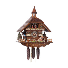  Cuckoo Clock - Chalet 8-day musical cuckoo clock with moving little girl washing dog, fighting goats, mill-wheel, belfry bell tower, and dancers 52cm by Hönes - Cuckoo Collections