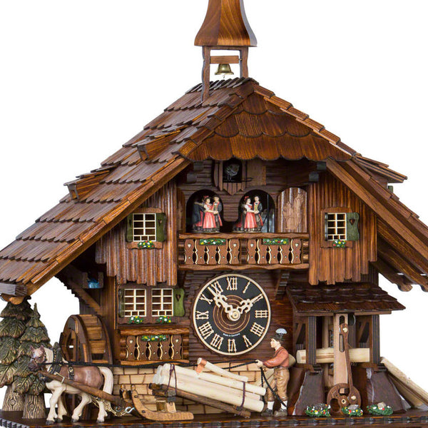  Cuckoo Clock - Chalet 8-day musical cuckoo clock with moving lumber-mill, horse & sled, mill-wheel, belfry bell tower, and dancers 60cm by Hönes - Cuckoo Collections