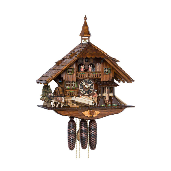  Cuckoo Clock - Chalet 8-day musical cuckoo clock with moving lumber-mill, horse & sled, mill-wheel, belfry bell tower, and dancers 60cm by Hönes - Cuckoo Collections
