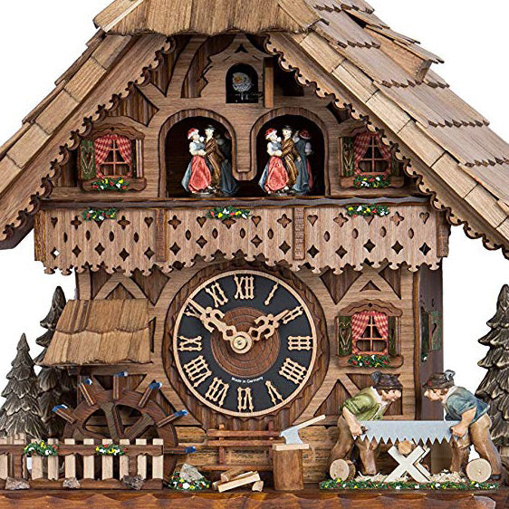  Cuckoo Clock - Chalet 8-day musical cuckoo clock with moving wood-cutters, mill-wheel, belfry bell tower, and dancers 39cm by Hönes - Cuckoo Collections
