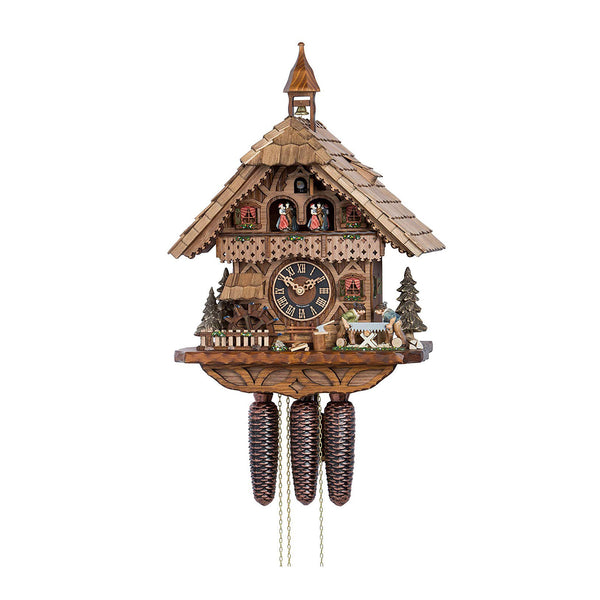  Cuckoo Clock - Chalet 8-day musical cuckoo clock with moving wood-cutters, mill-wheel, belfry bell tower, and dancers 39cm by Hönes - Cuckoo Collections