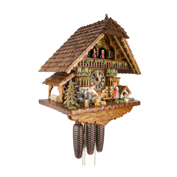  Cuckoo Clock - Chalet 8-day musical cuckoo clock with moving wood-cutter, Black Forest woman, belfry bell tower, dog, and dancers 46cm by Hönes - Cuckoo Collections