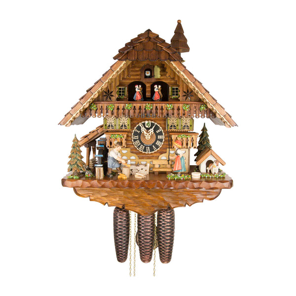  Cuckoo Clock - Chalet 8-day musical cuckoo clock with moving wood-cutter, Black Forest woman, belfry bell tower, dog, and dancers 46cm by Hönes - Cuckoo Collections
