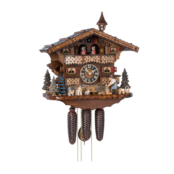  Cuckoo Clock - Chalet 8-day musical cuckoo clock with St Bernard and her puppies, a moving wood-chopper, belfry bell-tower, mill-wheel, and dancers 34cm by Hönes - Cuckoo Collections