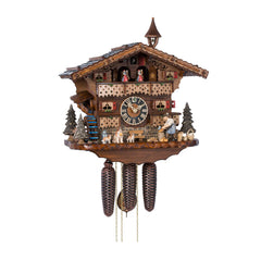  Cuckoo Clock - Chalet 8-day musical cuckoo clock with St Bernard and her puppies, a moving wood-chopper, belfry bell-tower, mill-wheel, and dancers 34cm by Hönes - Cuckoo Collections