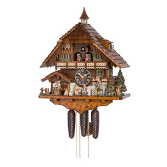  Cuckoo Clock - Chalet 8-day musical cuckoo clock with wood-carver, Grandparents, clock peddler, St Bernard, and dancers 57cm by Hönes - Cuckoo Collections
