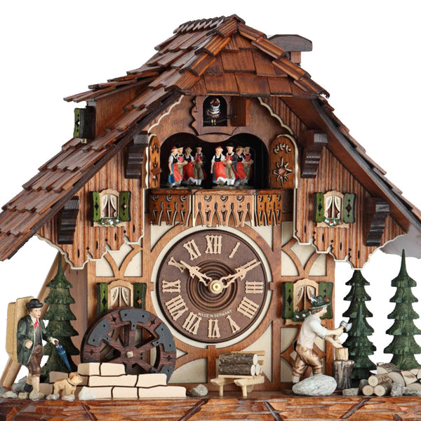  Cuckoo Clock - Chalet 8-day musical cuckoo clock with wood-chopper, clock peddler, mill-wheel, and dancers 40cm by Hekas - Cuckoo Collections