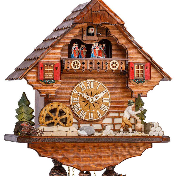 Chalet 8-day musical cuckoo clock with wood-chopper, mill-wheel, and dancers 36cm by Hekas