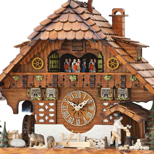  Cuckoo Clock - Chalet 8-day musical cuckoo clock with wood-chopper, wild boar, mill-wheel, belfry bell tower, and dancers 60cm by Hekas - Cuckoo Collections