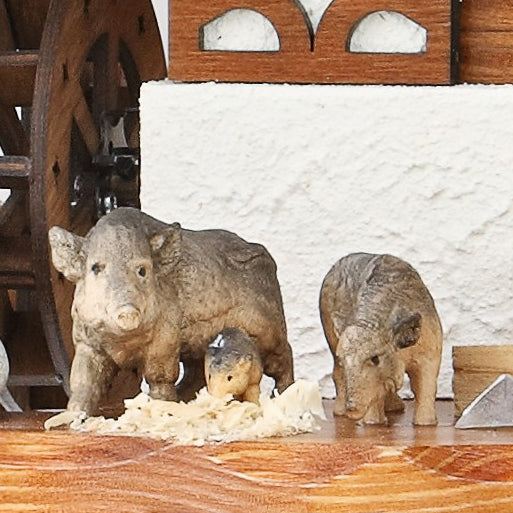  Cuckoo Clock - Chalet 8-day musical cuckoo clock with wood-chopper, wild boar, mill-wheel, belfry bell tower, and dancers 60cm by Hekas - Cuckoo Collections