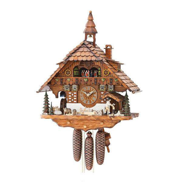  Cuckoo Clock - Chalet 8-day musical cuckoo clock with wood-chopper, wild boar, mill-wheel, belfry bell tower, and dancers 60cm by Hekas - Cuckoo Collections