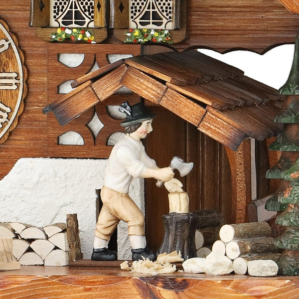 Cuckoo Clock - Chalet 8-day musical cuckoo clock with wood-chopper, wild boar, mill-wheel, belfry bell tower, and dancers 60cm by Hekas - Cuckoo Collections