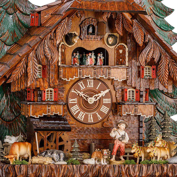  Cuckoo Clock - Chalet 8-day musical farm house cuckoo clock with farmer boy, cows, dogs, belfry bell tower, and dancers 76cm by Hekas - Cuckoo Collections