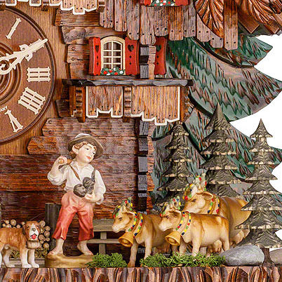  Cuckoo Clock - Chalet 8-day musical farm house cuckoo clock with farmer boy, cows, dogs, belfry bell tower, and dancers 76cm by Hekas - Cuckoo Collections