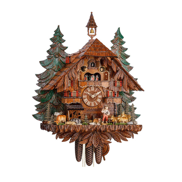  Cuckoo Clock - Chalet 8-day musical farm house cuckoo clock with farmer boy, cows, dogs, belfry bell tower, and dancers 76cm by Hekas - Cuckoo Collections