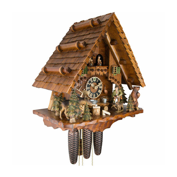   - Chalet 8-day musical 'Hunters house' cuckoo clock with hunter, bear, moose, dog, and moving dancers 44cm by Hönes - Cuckoo Collections