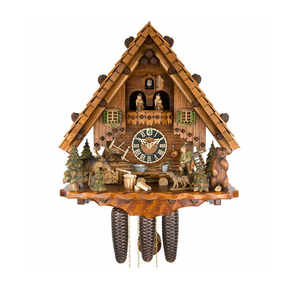   - Chalet 8-day musical 'Hunters house' cuckoo clock with hunter, bear, moose, dog, and moving dancers 44cm by Hönes - Cuckoo Collections