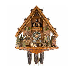   - Chalet 8-day musical 'Hunters house' cuckoo clock with hunter, bear, moose, dog, and moving dancers 44cm by Hönes - Cuckoo Collections