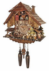 Chalet-style Black Forest battery-powered musical cuckoo clock with moving dancers and beer-drinkers 42 cm by Engstler
