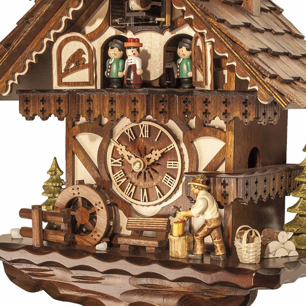 Chalet-style Black Forest battery-powered musical cuckoo clock with moving dancers and wood-chopper 34 cm by Engstler