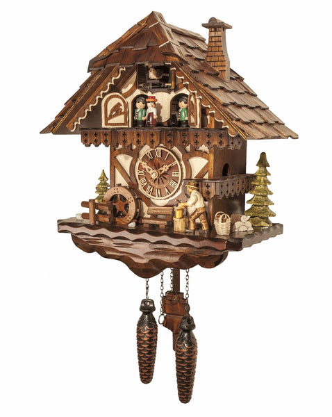 Chalet-style Black Forest battery-powered musical cuckoo clock with moving dancers and wood-chopper 34 cm by Engstler