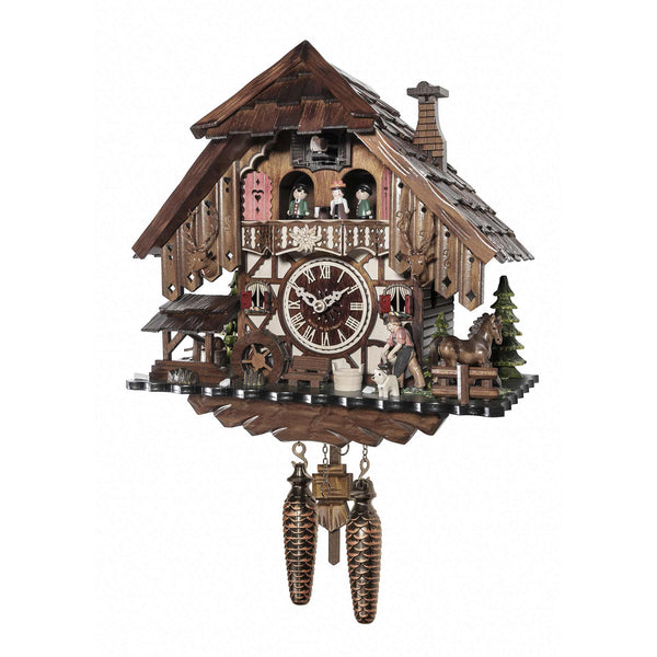 Chalet-style Black Forest battery-powered musical cuckoo clock with moving dancers, watermill-wheel, and blacksmith 35 cm by Engstler