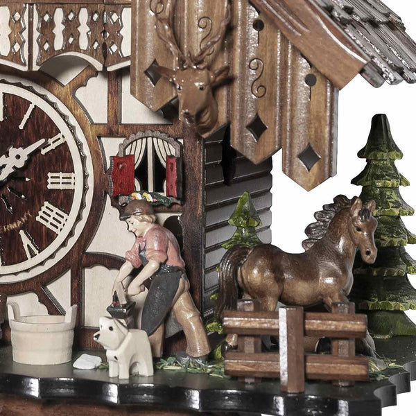 Chalet-style Black Forest battery-powered musical cuckoo clock with moving dancers, watermill-wheel, and blacksmith 35 cm by Engstler