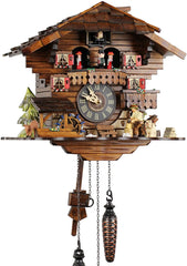Chalet-style Black Forest battery-powered musical cuckoo clock with moving dancers, watermill-wheel, and wood-chopper 40 cm by Engstler