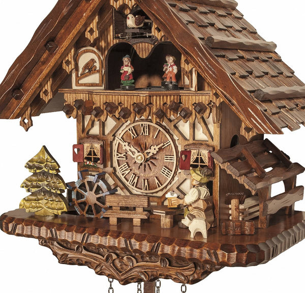 Chalet-style rustic Black Forest battery-powered musical cuckoo clock with moving dancers and beer-drinker 34 cm by Engstler
