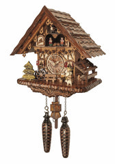 Chalet-style rustic Black Forest battery-powered musical cuckoo clock with moving dancers and beer-drinker 34 cm by Engstler