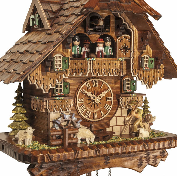 Chalet-style rustic Black Forest battery-powered musical cuckoo clock with moving dancers and mountain explorer 42 cm by Engstler