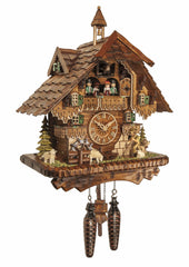Chalet-style rustic Black Forest battery-powered musical cuckoo clock with moving dancers and mountain explorer 42 cm by Engstler