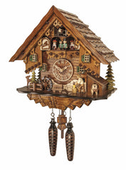 Chalet-style rustic Black Forest battery-powered musical cuckoo clock with wood-chopper, mill-wheel, and moving dancers and wood-chopper 34 cm by Engstler