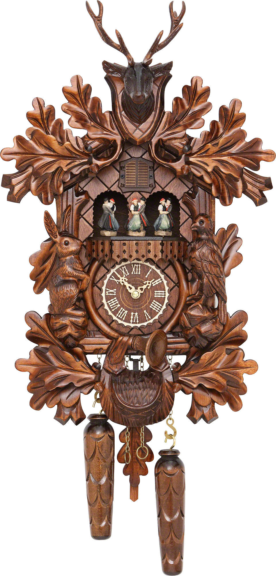 Carved style quartz cuckoo clock with stag 42cm Trenkle Uhren
