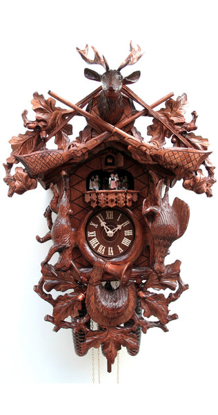  Cuckoo Clock - Carved style 8 day movement cuckoo clock hunting clock hanging animals 62cm by Rombach & Haas - Cuckoo Collections