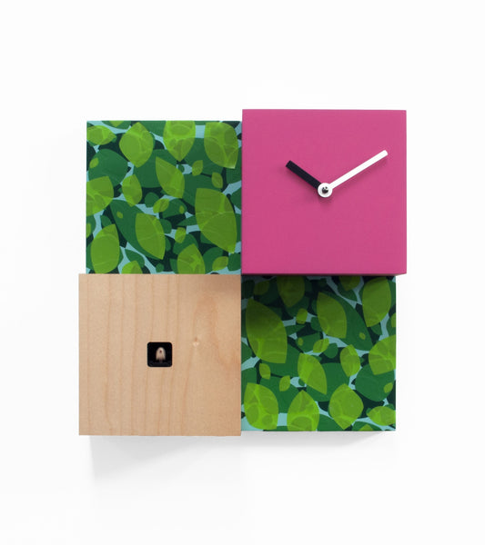  Cuckoo Clock - 'CentralPark' Cuckoo Clock (Pink, natural wood and leaves) by Progetti - Cuckoo Collections