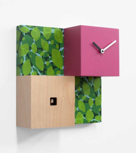  Cuckoo Clock - 'CentralPark' Cuckoo Clock (Pink, natural wood and leaves) by Progetti - Cuckoo Collections