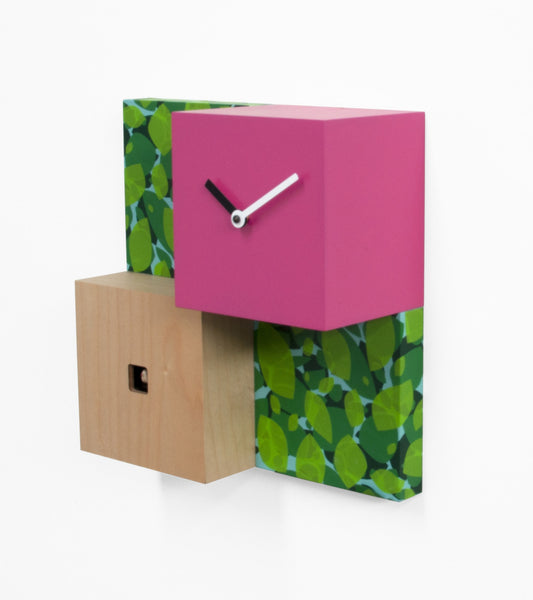  Cuckoo Clock - 'CentralPark' Cuckoo Clock (Pink, natural wood and leaves) by Progetti - Cuckoo Collections
