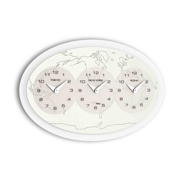  Clock - 'Tre Ore nel Mondo Big' World-time Wall Clock (Silver) by Incantesimo Design - Cuckoo Collections